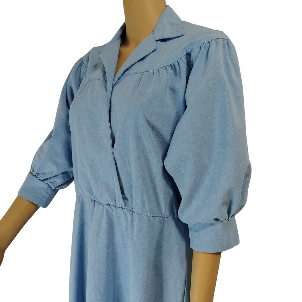 1990s Blondie Me Blue Jean Puffy Sleeve Fit Flare Dress Size Large Y2K Vintage